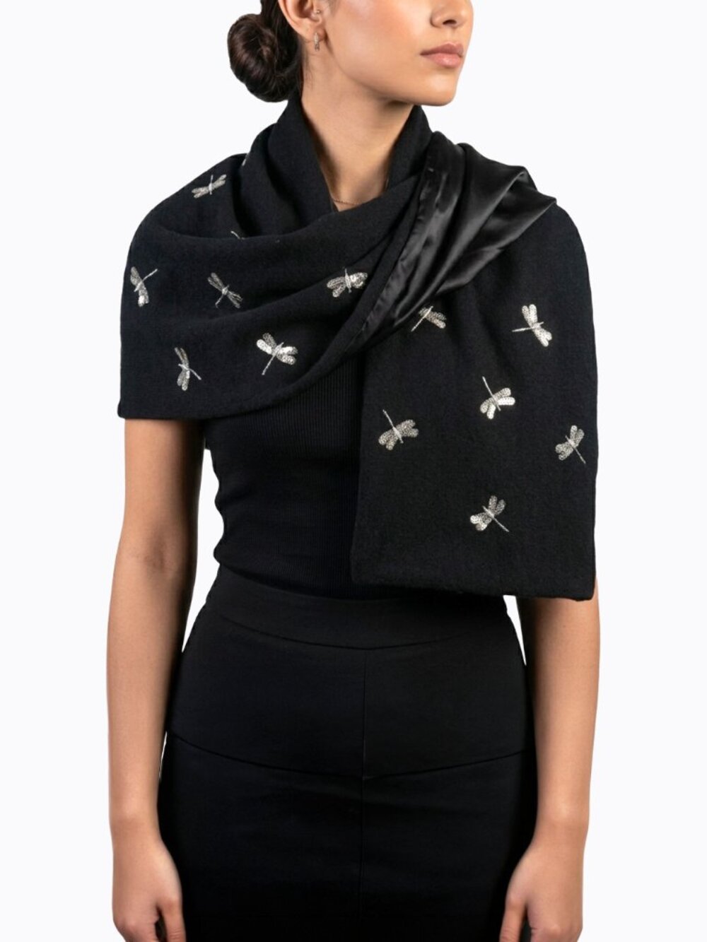 The Cashmere Project Black Silk Lined Cashmere Scarf Silver Sequin Dragonfly Y2K